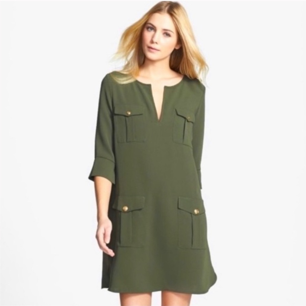 Diane Von Furstenberg Agness Crepe Shift Dress Size 6 Olive Green